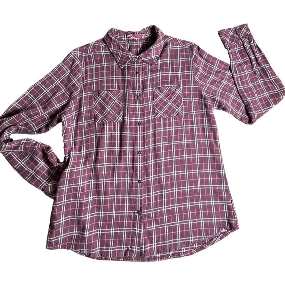 Women's PrAna Button Up Shirt Sz L Burgundy Plaid Lightweight Pockets - Picture 11 of 11